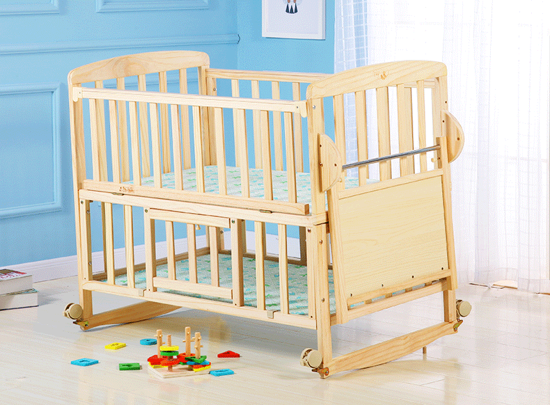 Beedome Pine Baby Cuna con estante, puede extender a una cama para niños de 1,4 metros, mecedora con 4 ruedas