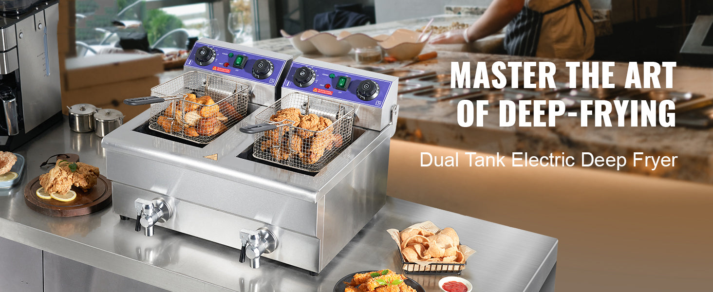 VEVOR Freidora Eléctrica Comercial 2 Tanques 12L 6000W Freidora de Aceite de Acero Inoxidable con 2 Cestas para Freír Temperatura y Tiempo Ajustables 50-200°C para Aros de Cebolla Pollo Patatas Fritas