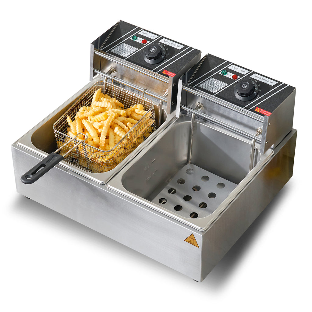VEVOR Freidora Eléctrica Comercial 2 Tanques 12L 6000W Freidora de Aceite de Acero Inoxidable con 2 Cestas para Freír Temperatura y Tiempo Ajustables 50-200°C para Aros de Cebolla Pollo Patatas Fritas
