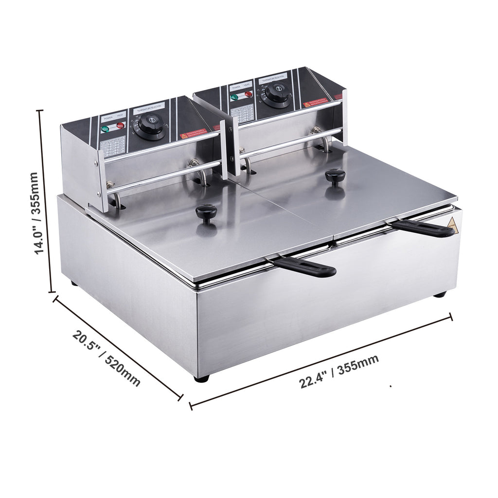 VEVOR Freidora Eléctrica Comercial 2 Tanques 12L 6000W Freidora de Aceite de Acero Inoxidable con 2 Cestas para Freír Temperatura y Tiempo Ajustables 50-200°C para Aros de Cebolla Pollo Patatas Fritas