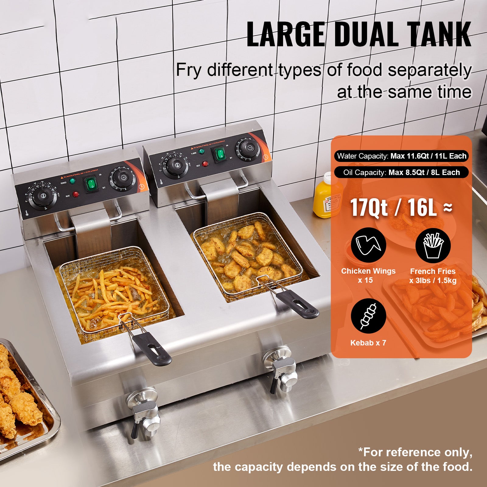 VEVOR Freidora Eléctrica Comercial 2 Tanques 12L 6000W Freidora de Aceite de Acero Inoxidable con 2 Cestas para Freír Temperatura y Tiempo Ajustables 50-200°C para Aros de Cebolla Pollo Patatas Fritas
