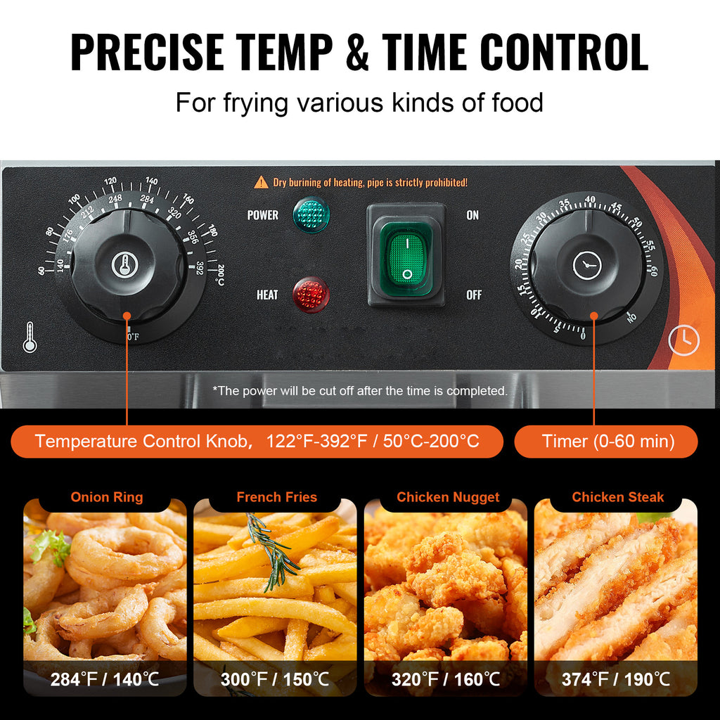 VEVOR Freidora Eléctrica Comercial 2 Tanques 12L 6000W Freidora de Aceite de Acero Inoxidable con 2 Cestas para Freír Temperatura y Tiempo Ajustables 50-200°C para Aros de Cebolla Pollo Patatas Fritas
