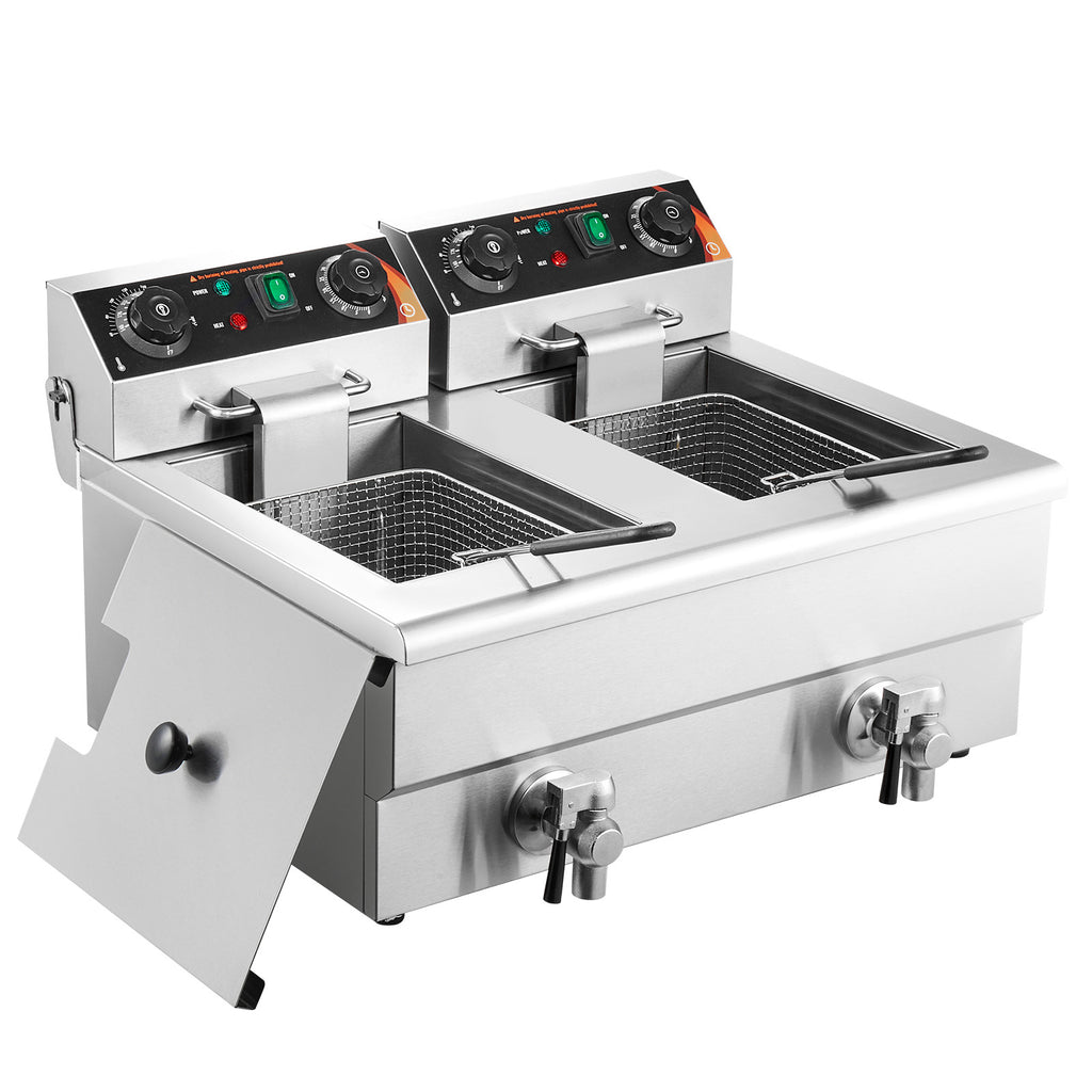 VEVOR Freidora Eléctrica Comercial 2 Tanques 12L 6000W Freidora de Aceite de Acero Inoxidable con 2 Cestas para Freír Temperatura y Tiempo Ajustables 50-200°C para Aros de Cebolla Pollo Patatas Fritas