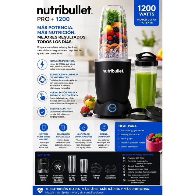 Licuadora Personal NutriBullet ProPlus 32 Oz de Acero Inoxidable con Cuchilla Extraíble 1200W