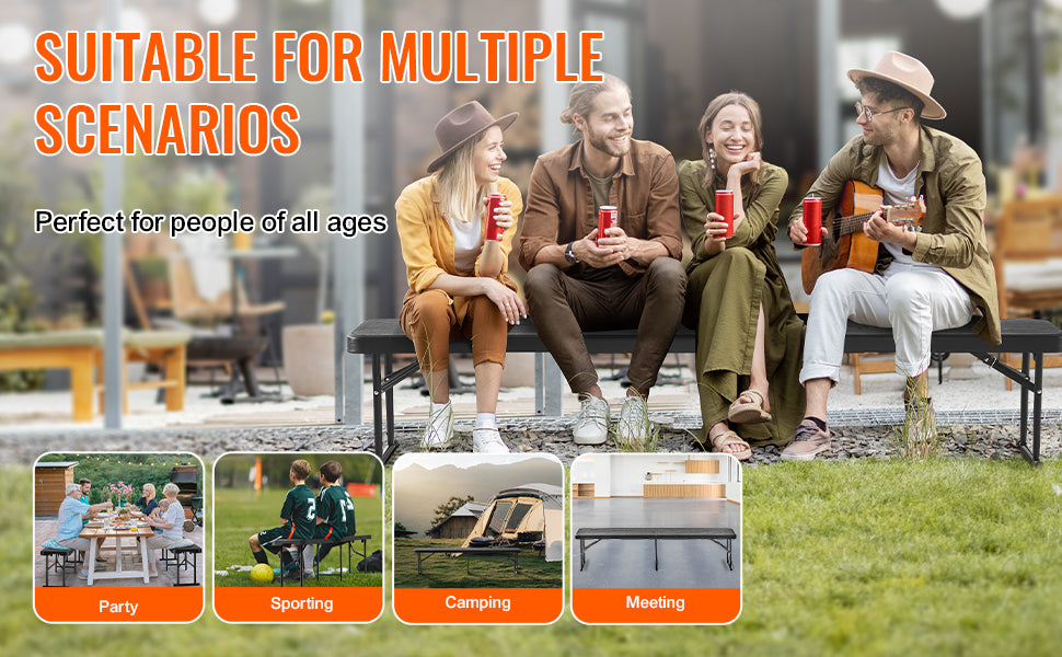 SucceBuy Banco plegable de plástico Banco plegable portátil de 6 pies con asa de transporte para actividades entretenidas de fútbol en el jardín Negro